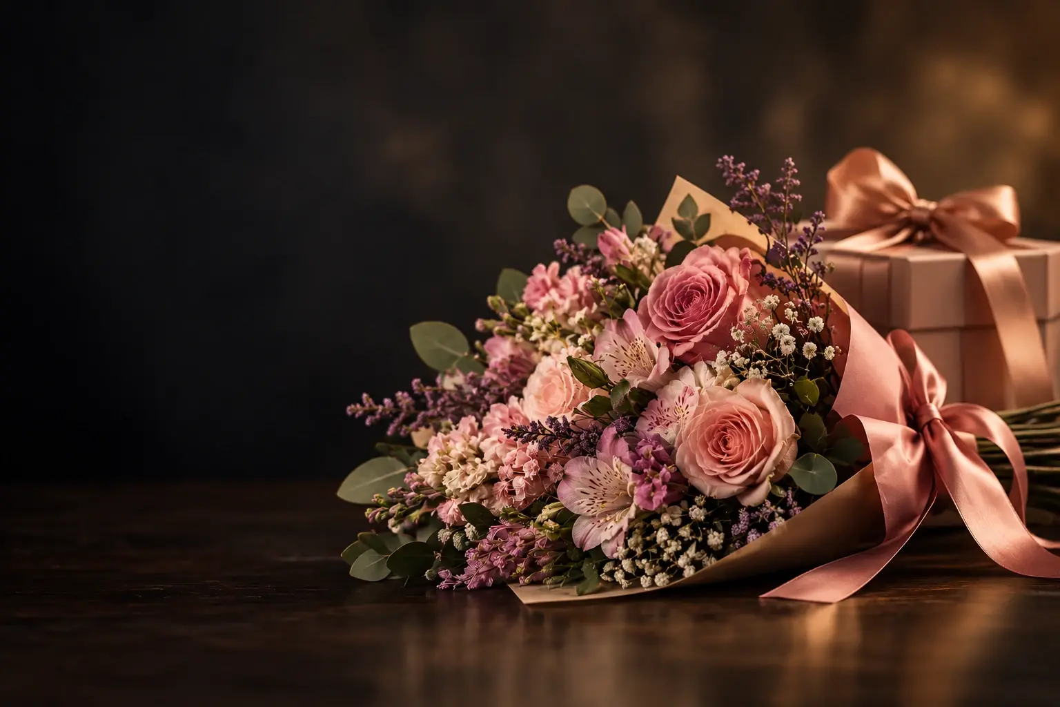 Ramo de rosas y flores rosas y lilas en papel kraft, junto a un regalo con moño