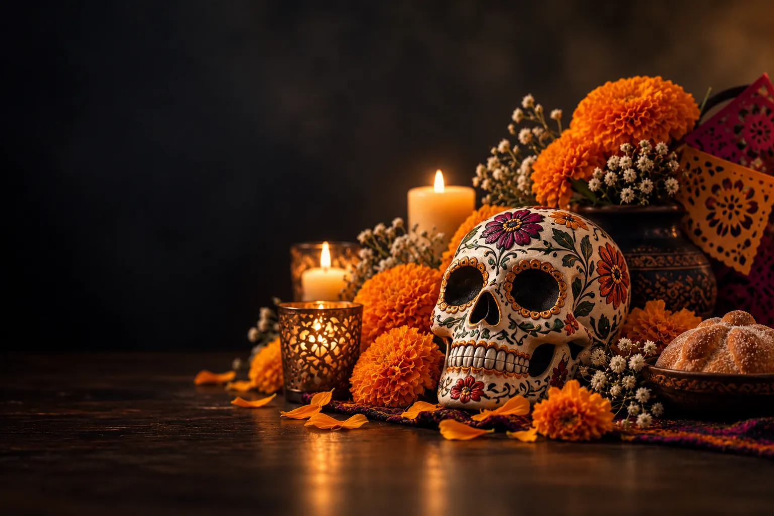 Calavera decorada entre cempasúchil, velas y papel picado